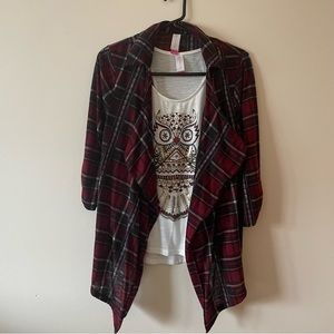 No Boundaries Red Plaid Cardigan and Owl Tank Set